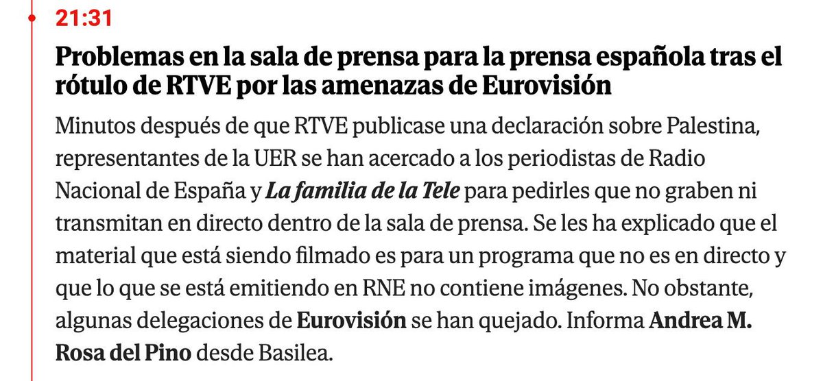 sergiolm216's tweet photo. 🔴 ÚLTIMA HORA | Según cuenta Andrea Rosa del Pino, tras la emisión de RTVE, representantes de #Eurovision se han acercado a los periodistas de RNE y #LaFamiliaDeLaTele para que no retransmitiesen en directo cuando, respectivamente, no estaban en directo ni grababan imágenes. https://t.co/QP8wFS7Ezw