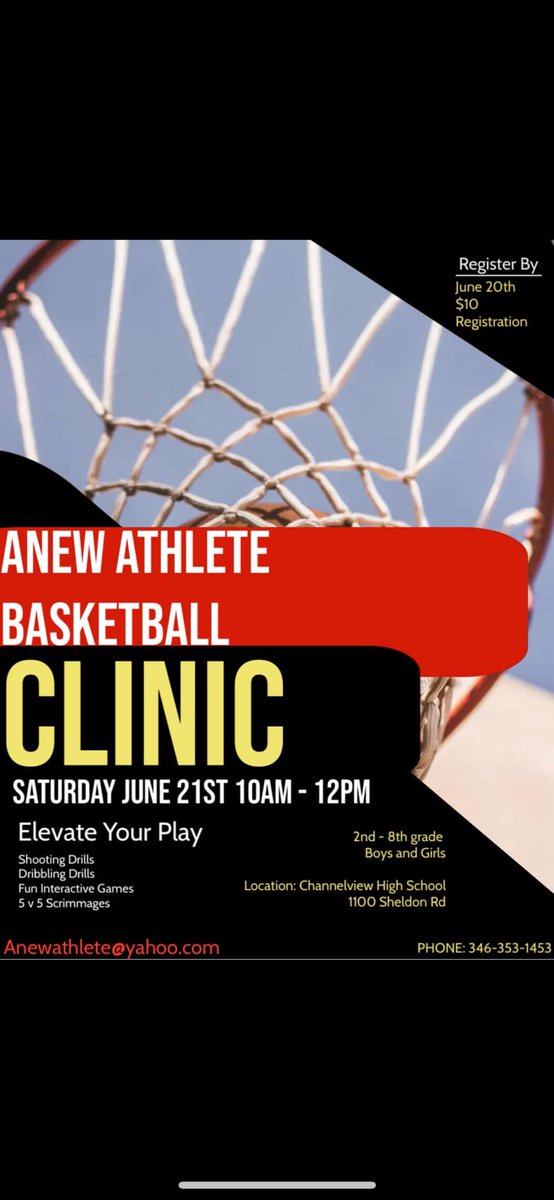 Channelview Basketball (@cvfalconhoops) on Twitter photo Donโt miss out! Our Anew Athlete Basketball Clinic is coming up Saturday, June 21st | 10AM - 12PM at Channelview High School!
Grades 2โ8 | Boys & Girls
๐ฅ Shooting drills
๐ฅ Dribbling drills
๐ฅ Games & 5v5 scrimmages
๐
Register by June 20th โ only $10!
๐ง Anewathlete@yahoo.com Donโt miss out! Our Anew Athlete Basketball Clinic is coming up Saturday, June 21st | 10AM - 12PM at Channelview High School!
Grades 2โ8 | Boys & Girls
๐ฅ Shooting drills
๐ฅ Dribbling drills
๐ฅ Games & 5v5 scrimmages
๐
Register by June 20th โ only $10!
๐ง Anewathlete@yahoo.com