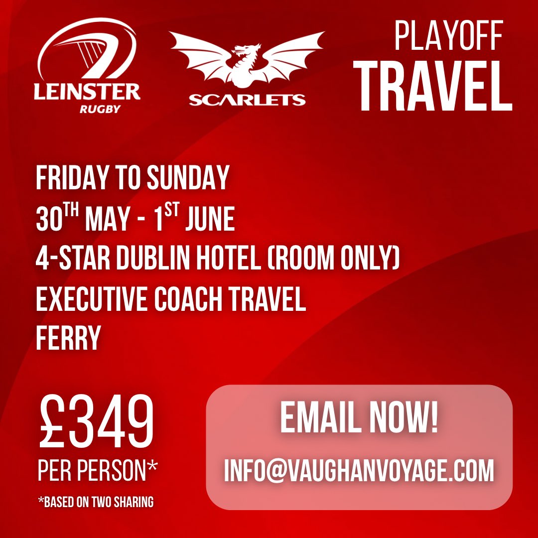 Dublin it is for <a href="/scarlets_rugby/">Scarlets Rugby</a>!

Join us on another playoff adventure in familiar territory! Email now to receive further information and instructions on how to book.

We’ll work through emails and contact you ASAP. Places will be allocated on a first come, first served basis.