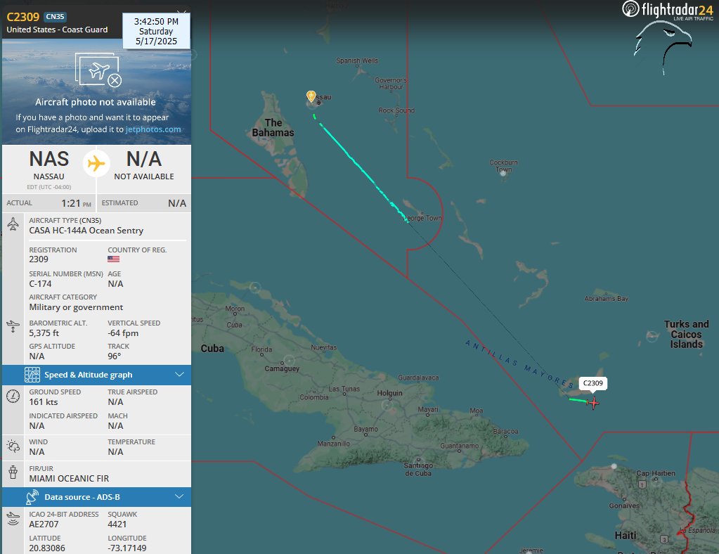 FlconEYES's tweet image. 2309 | ae2707 | #USCoastGuard Service 
Airtech HC-144A Ocean Sentry
Departed from #Nassau t.ly/DbLND
#AvGeek #ADSB #planespotting #17Mayo
