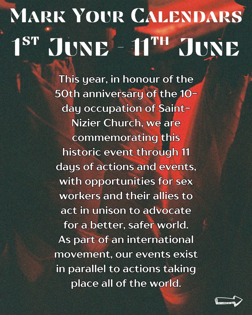 ukdecrimnow's tweet photo. Every year, we commemorate International Whores' Day/International Sex Workers' Day on the second day of June. This was the first day of the occupation of Saint-Nizier Church by a collective of French sex workers in 1975. Join us for 11 days of actions and events to begin June. https://t.co/Sx3j9IPrHw