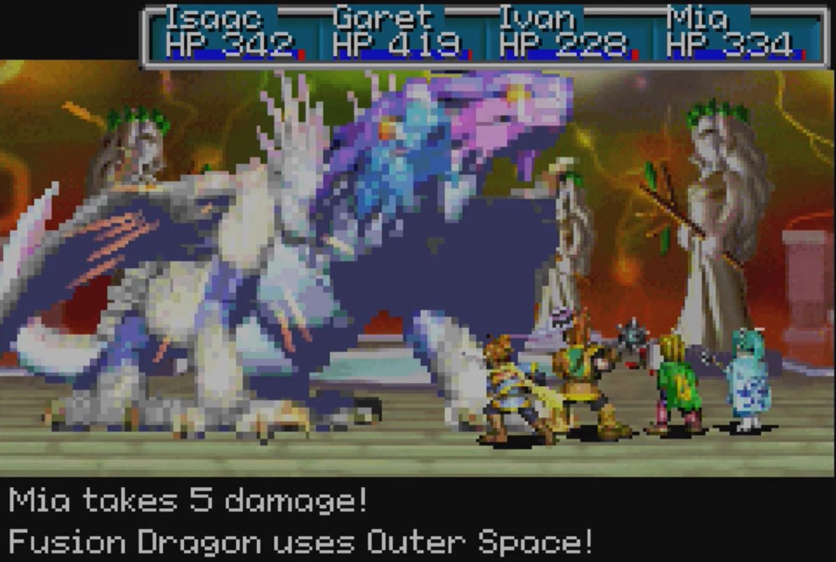 GoldenSunFans's tweet image. Fighting the Fusion Dragon felt even tougher as a kid. At the time I was thinking two boss battles in a row and I am only halfway through the game. 

How many of us were caught off guard on our first GS play through when the end credits ran shortly after the fight?