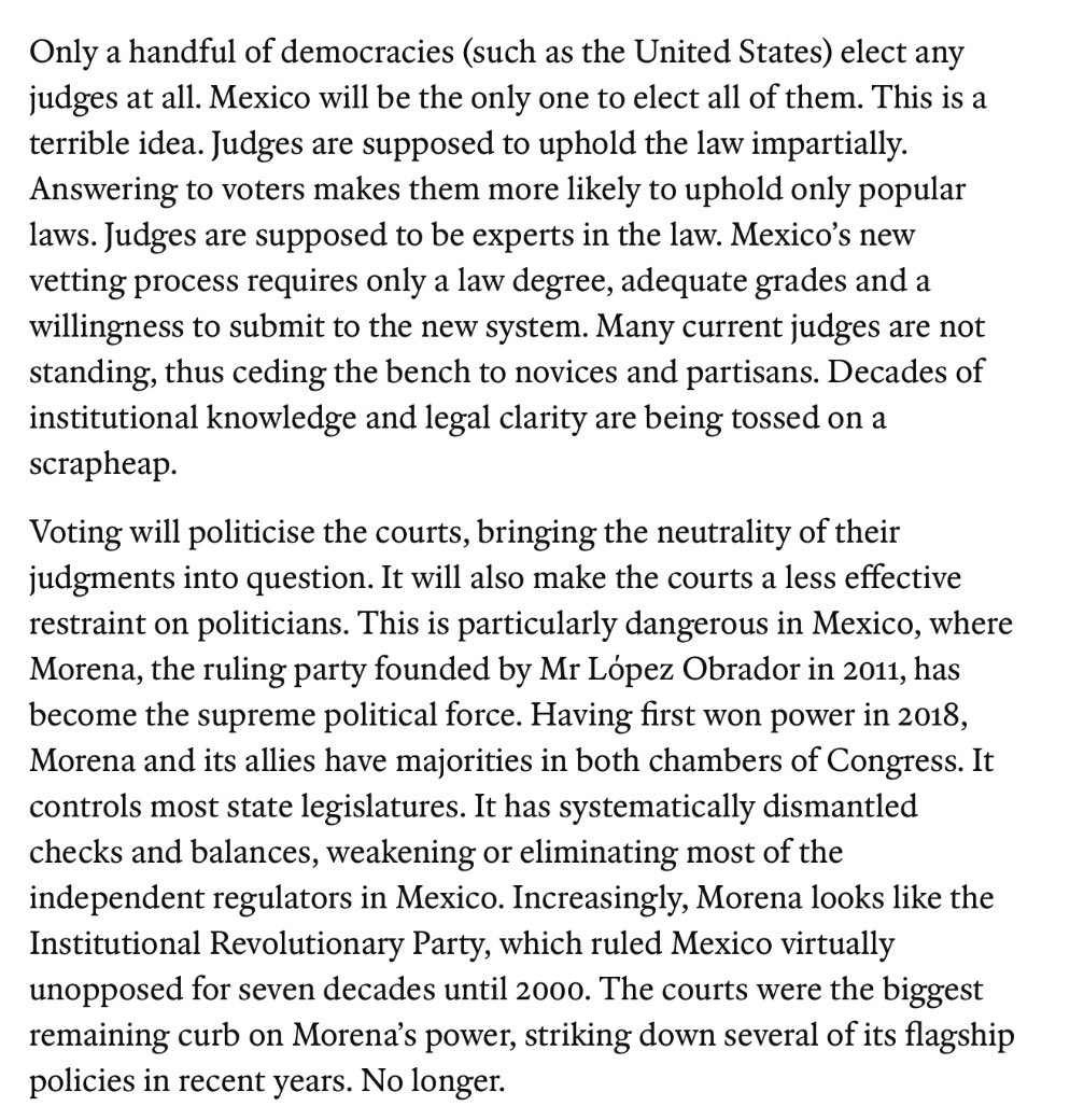 JLozanoA's tweet photo. ⚠️Pasen a ver la mega madriza (extracto) que nos pone @TheEconomist por cuanto hace la retrógrada #ReformaJudicial. @Claudiashein tiene en sus manos la oportunidad de dar marcha atrás a esta locura. De no hacerlo, habrá más incertidumbre y menos inversiones. Que conste. https://t.co/3GKsZPM0Nb