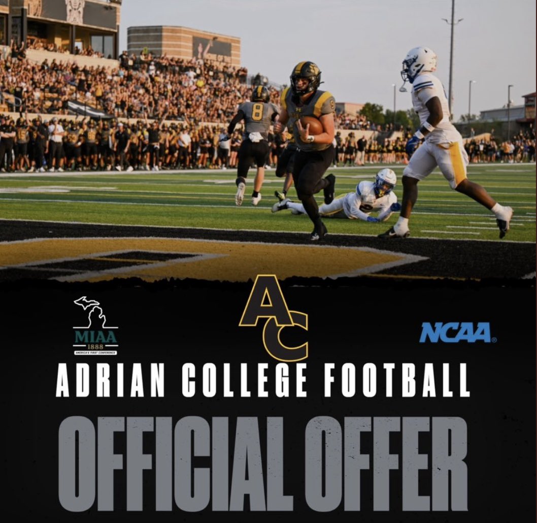 Justin Horling (@justinhorling) on Twitter photo After a great camp and conversation with coach <a href="/JebPalka/">Jeb Palka</a> I am blessed to receive an offer to play football at Adrian College.
<a href="/AdrianCollegeFB/">Adrian College Football</a> <a href="/Coach_Ty_Palka/">Tyler Palka</a> <a href="/alex_pallone/">Alex Pallone</a> <a href="/Seanmob45/">Sean O'Brien</a> <a href="/RockfordRamsFB/">Rockford Rams Football</a> <a href="/CoachBanaszak/">Robert J Banaszak Jr.</a> <a href="/PrepRedzoneMI/">Prep Redzone Michigan</a> After a great camp and conversation with coach <a href="/JebPalka/">Jeb Palka</a> I am blessed to receive an offer to play football at Adrian College.
<a href="/AdrianCollegeFB/">Adrian College Football</a> <a href="/Coach_Ty_Palka/">Tyler Palka</a> <a href="/alex_pallone/">Alex Pallone</a> <a href="/Seanmob45/">Sean O'Brien</a> <a href="/RockfordRamsFB/">Rockford Rams Football</a> <a href="/CoachBanaszak/">Robert J Banaszak Jr.</a> <a href="/PrepRedzoneMI/">Prep Redzone Michigan</a>