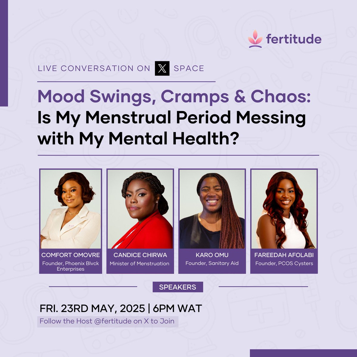Fertitude | Fertility & Hormonal Health (@fertitude) on Twitter photo “Why do I feel like I’m falling apart every month?”🥹
You’re not crazy. And you’re definitely not alone.🫂
This isn’t just in your head! Your period could be messing with your mental health.
Join us, <a href="/duchesskk/">period partner - aghogho</a> <a href="/_Phoenixblvck/">Comfort O.</a> <a href="/Candice_Chirwa/">Minister of Menstruation™️🩸</a> <a href="/faree_for_real/">Faree Ferrari</a> as we break down 👇🏼 “Why do I feel like I’m falling apart every month?”🥹
You’re not crazy. And you’re definitely not alone.🫂
This isn’t just in your head! Your period could be messing with your mental health.
Join us, <a href="/duchesskk/">period partner - aghogho</a> <a href="/_Phoenixblvck/">Comfort O.</a> <a href="/Candice_Chirwa/">Minister of Menstruation™️🩸</a> <a href="/faree_for_real/">Faree Ferrari</a> as we break down 👇🏼