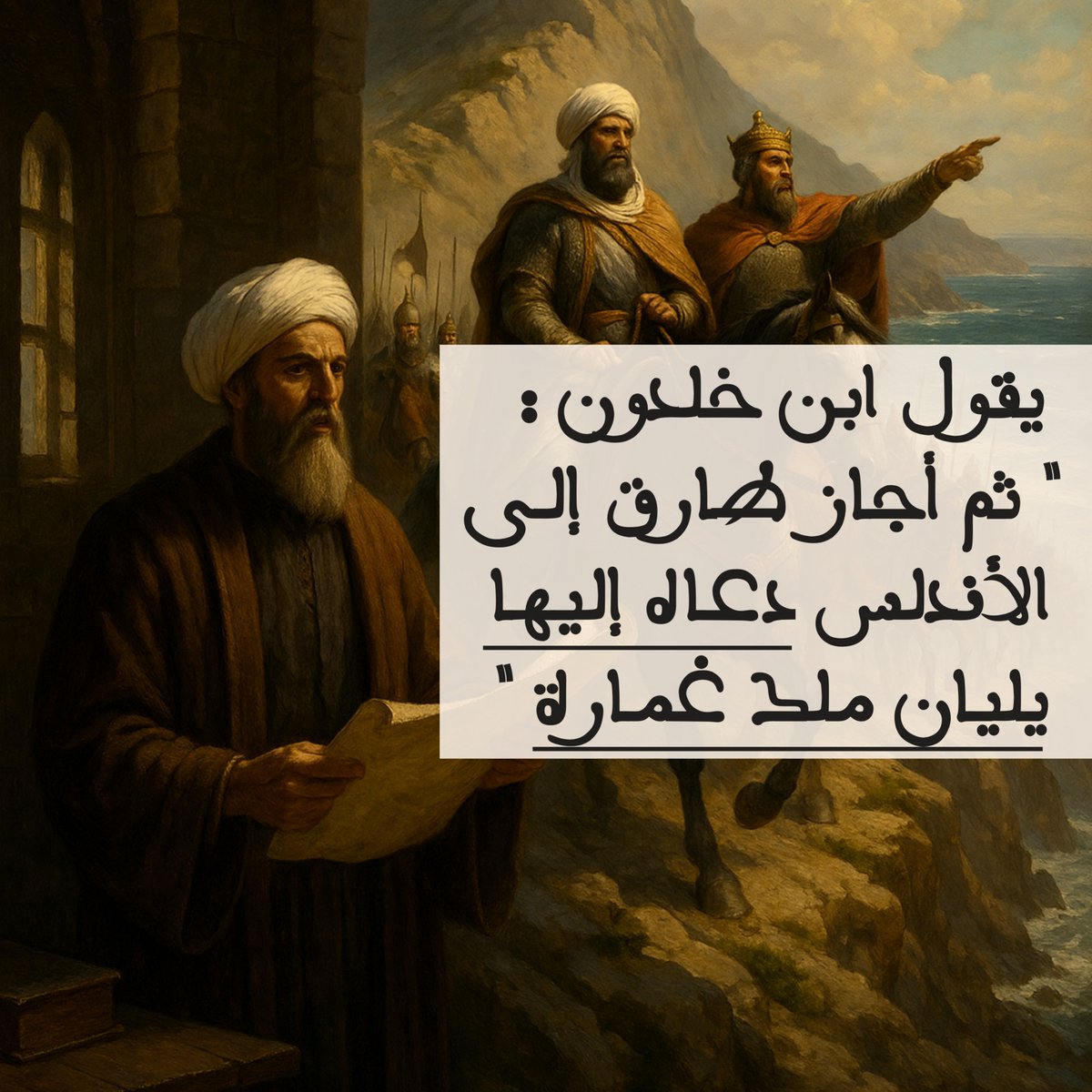 فتح الأندلس: فكرة يليان ملك غمارة، وتنفيذ طارق بن زياد، وحسد موسى بن نصير

🌠وعن سبب فتح الأندلس يقول ابن خلدون (1332-1406م) : "ثم أجاز طارق إلى الأندلس دعاه إليها يليان ملك غمارة فكان فتح الأندلس سنة تسعين"
✅وعندما قال ابن خلدون: "طارق بن زياد الليثي"، فقد قصد بذلك بني الليث من