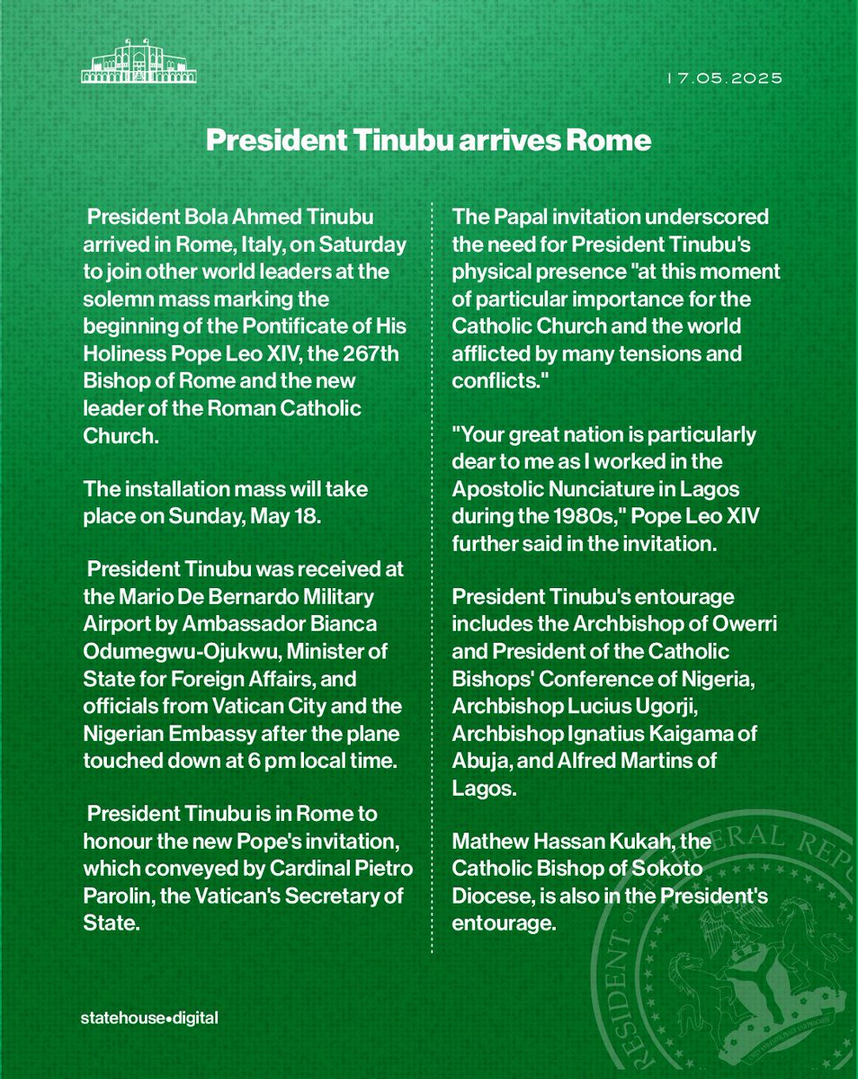 NGRPresident's tweet photo. President Tinubu arrives Rome https://t.co/oUz4j9t5FN