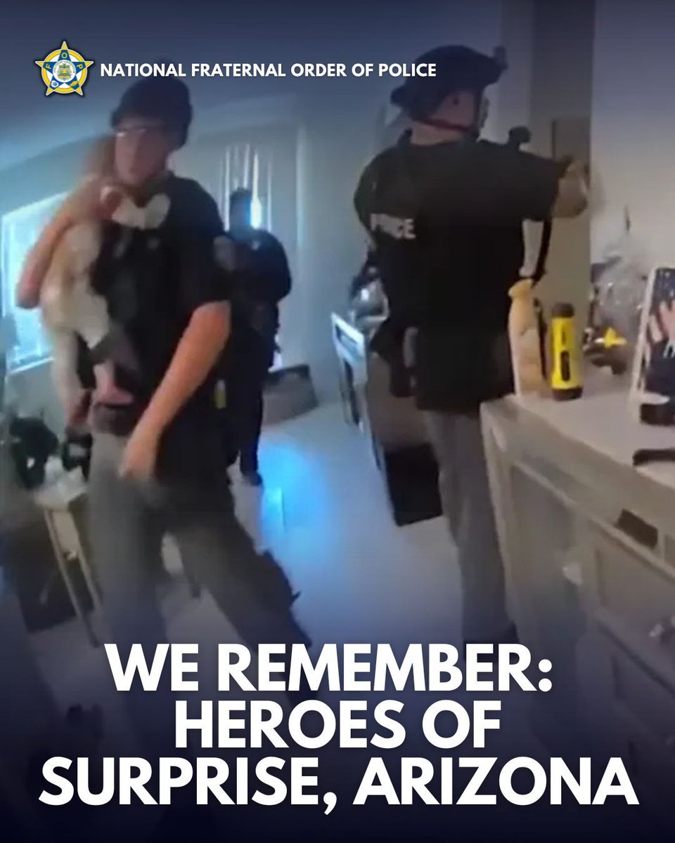 GLFOP's tweet photo. May 17, 2024 — Surprise, Arizona.
When a suspect held his partner and infant hostage, Officers Vega-Reid and Scott of the Surprise PD SWAT team ran toward gunfire to save them. Without hesitation, they entered the home under fire, searching for the baby.

Their bravery and training led them to hear the cry of baby Jaxson, who had been shot but was alive. They rescued him and brought him to safety, risking everything to protect life.

We remember the heroism of these officers who gave everything to save a child. Their courage defines what it means to serve.

#WeRemember #HeroicOfficers #SurpriseAZ #SWAT #LawEnforcementHeroes #BraveryUnderFire #SavingLives