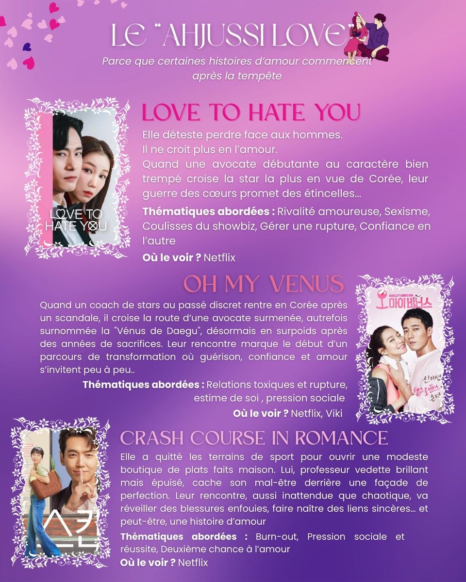 sesearest's tweet photo. #4 LE "AHJUSSI LOVE"🫦
Loin des romances légères de la vingtaine, ces dramas aux personnages d'âge mur racontent autre chose : des vies déjà vécues, des mariages qui se fissurent, des carrières en crise, des secrets trop longtemps enfouis.
Ces histoires portent le poids du vécu là où les personnages n’attendent plus de se construire, mais de se comprendre, de réparer, ou d’oser encore aimer… malgré tout.
Parce que l’amour a aussi ses secondes chances : voici notre sélection de romances matures❤️🔥🤭 #LockersReco