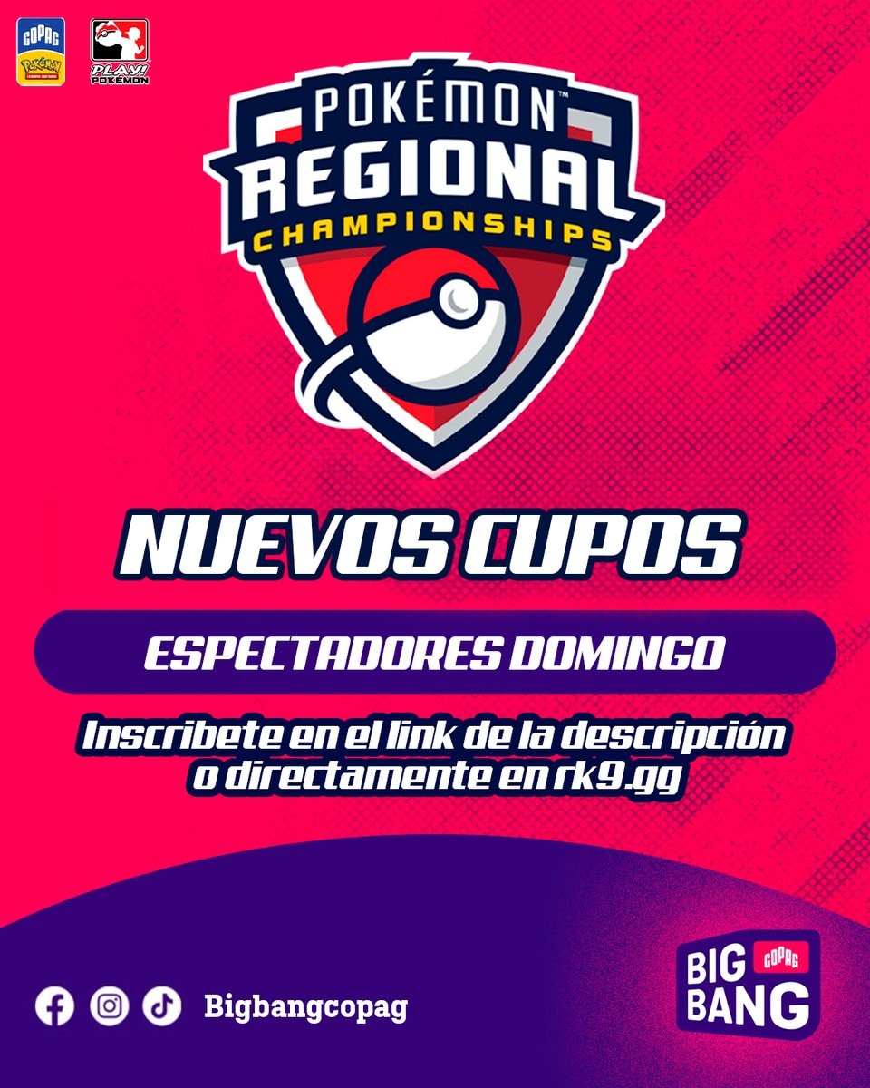 BigbangCopag's tweet photo. Disponibles nuevos cupos de espectador para este domingo, League cup TCG, VGC, GO, Side event y otras actividades te esperan !!

Encuentra en el siguiente enlace la compra directa del pase https://t.co/0I3TziGOE5 https://t.co/6Yqi2XiPBI