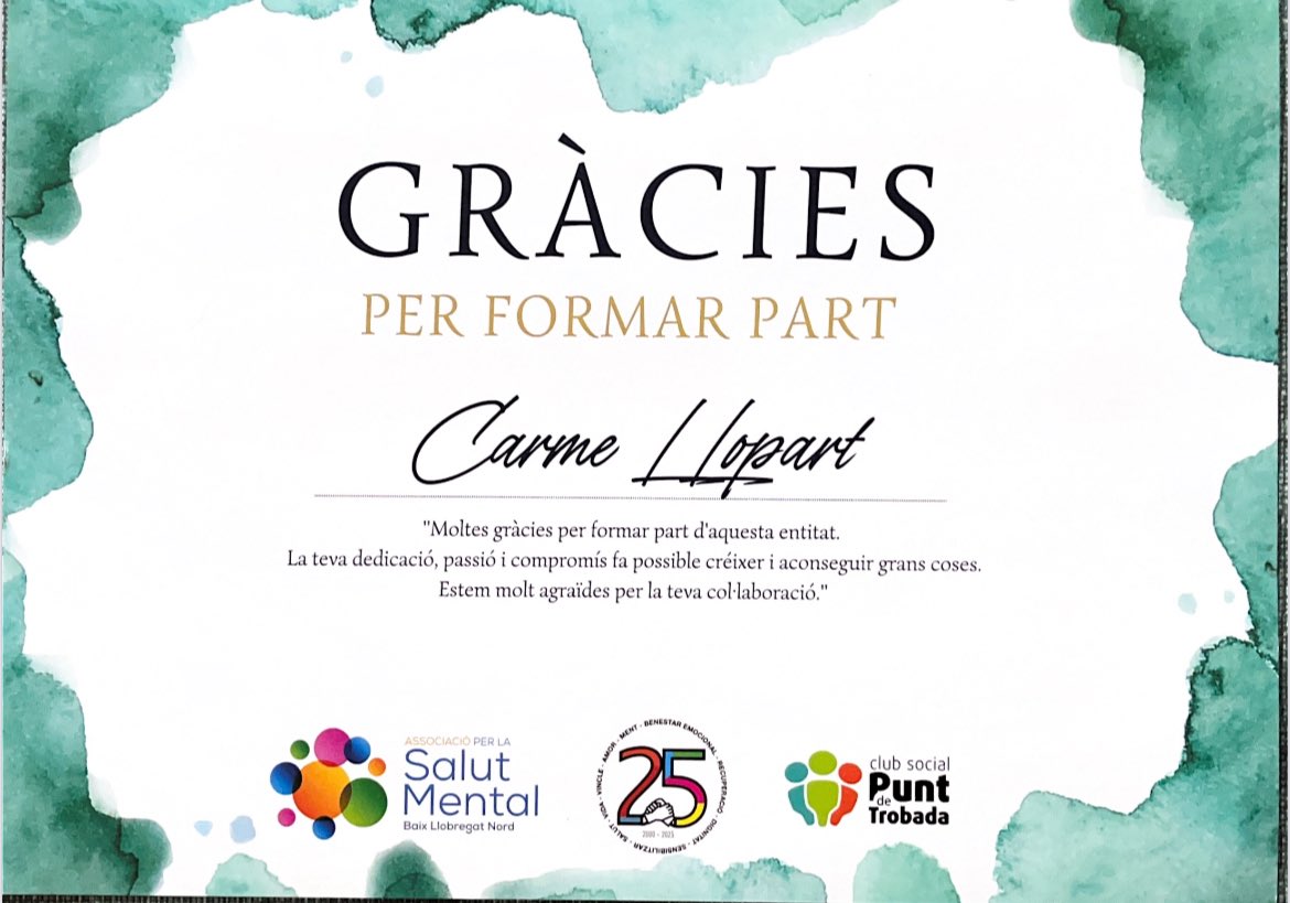 carmell777's tweet photo. Emotiu i gratificant rebre el reconeixement de @SalutMentalBLLN pel paper com a #treballadorssocialsanitari des dels inicis de l’entitat. Un honor haver compartit aquest camí de 25 anys. Gràcies per la confiança i la complicitat.#Martorell https://t.co/nvrZNTtt1K