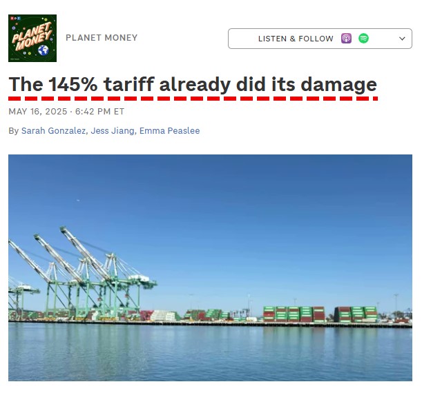 The Damage Already Done by the 145% Tariff

This podcast is a very helpful deep dive from the team at <a href="/planetmoney/">NPR's Planet Money</a> into how the 145% US tariff on Chinese imports inflicted significant financial damage on US businesses despite only lasting a month.

It focuses not on abstract