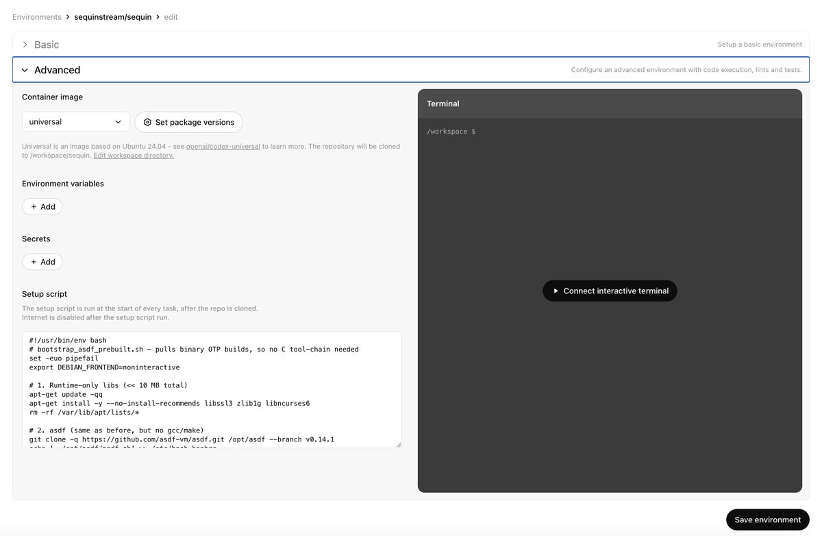 OpenAI's Codex doesn't support <a href="/elixirlang/">The Elixir programming language</a> yet. But you can use a setup script to install it on container boot. 

This one assumes you're using `asdf` in your repo and have a `.tool-versions` at root:

gist.github.com/acco/6813438e6…

In Environments > [your-repo] > Edit > Advanced