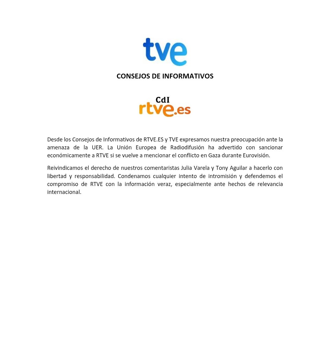 CdItve's tweet image. Desde los Consejos de Informativos de RTVE.ES y TVE expresamos nuestra preocupación ante la amenaza de la UER. La Unión Europea de Radiodifusión ha advertido con sancionar económicamente a RTVE si se vuelve a mencionar el conflicto en Gaza durante Eurovisión.