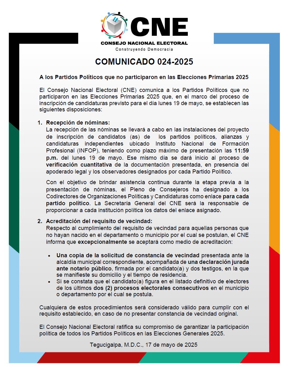 COMUNICADO 024-2025
A los Partidos Políticos que no participaron en las Elecciones Primarias 2025