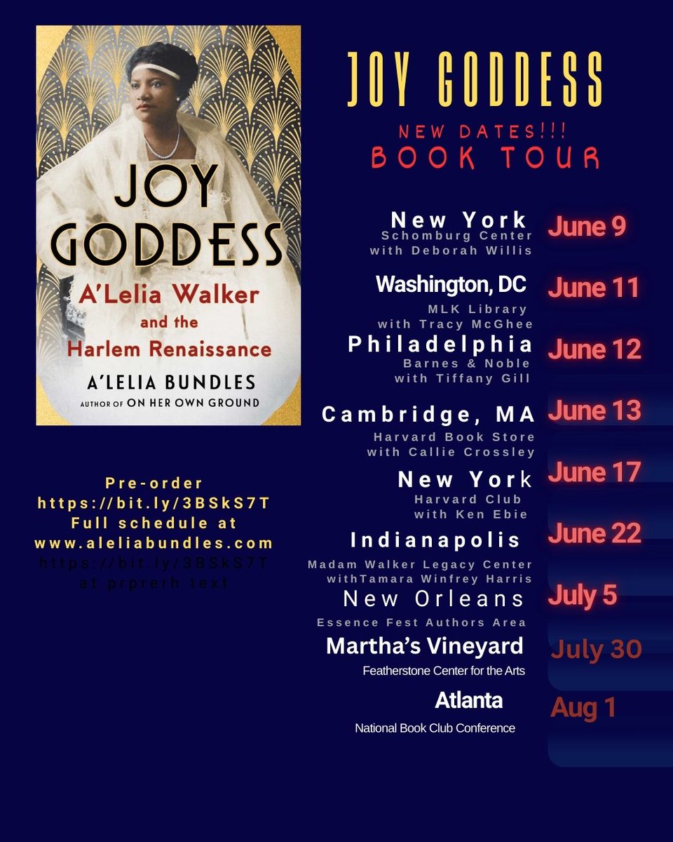 My book “Joy Goddess" launches on June 9 at the Schomburg just steps away from where A’Lelia Walker hosted her Harlem Renaissance era Dark Tower parties. Check my website aleliabundles.com for tour updates.
Pre-order on Bookshop.org