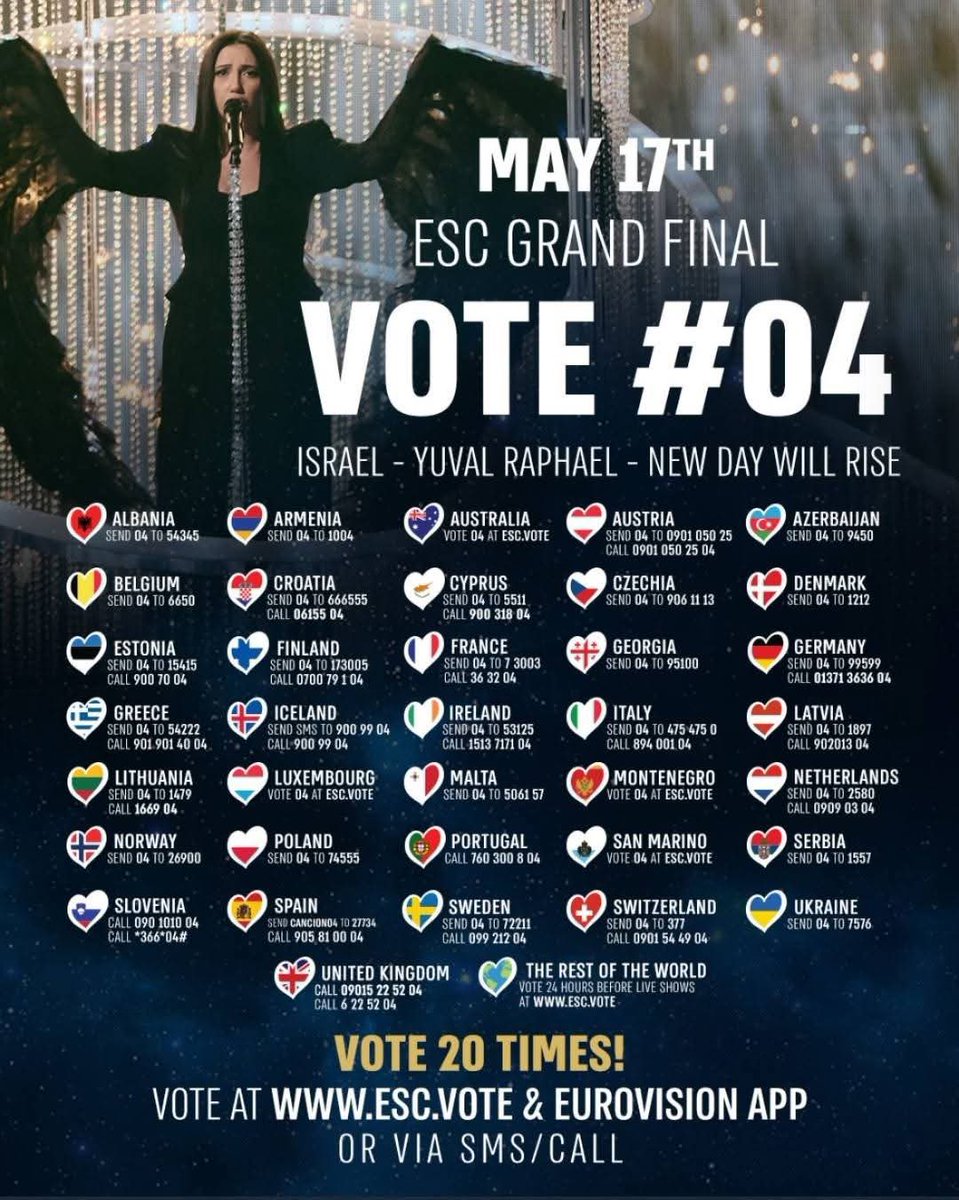 ¡La votación está oficialmente ABIERTA!

Esta noche en el <a href="/Eurovision/">Eurovision Song Contest</a> - nos unimos por Yuval 💙

¡Vota #04 para New Day Will Rise! >> Esc.voto