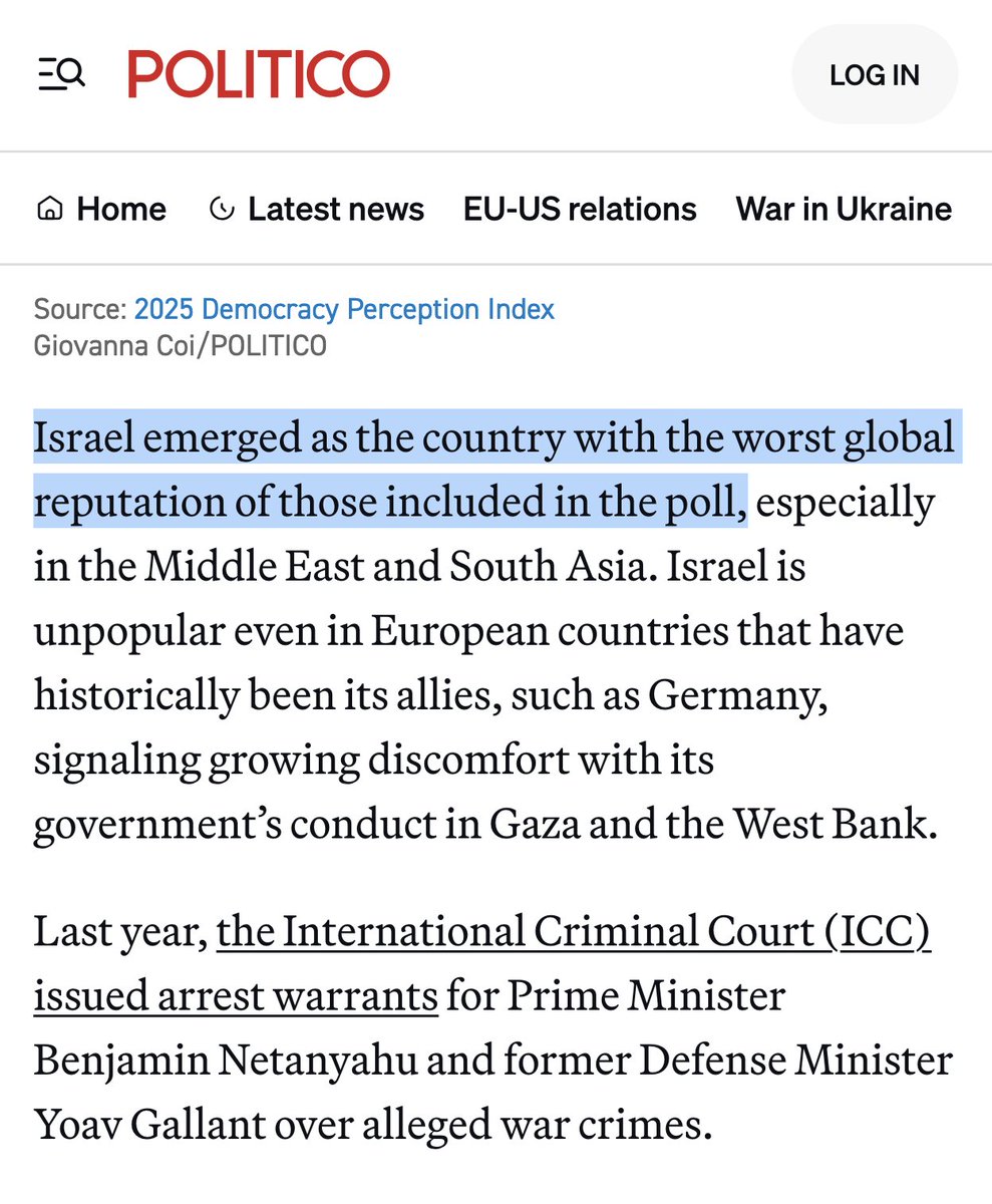 El fracaso de la propaganda israelí es absoluto.

Es el estado con la peor imagen del mundo.

The 2025 'Democracy Perception Index'.

111.273 encuestados en 100 países.