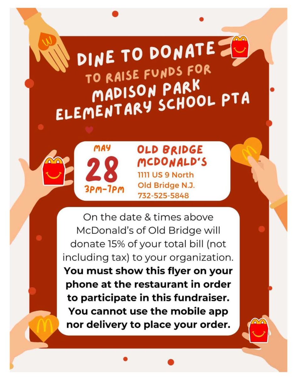 Dine to Donate!
Join us on May 28, 3–7 PM at McDonald's (1111 US 9 N, Old Bridge, NJ)
Show the flyer &amp; 15% of your bill goes to Madison Park PTA!

Eat good, do good!
#DineToDonate #MadisonParkPTA