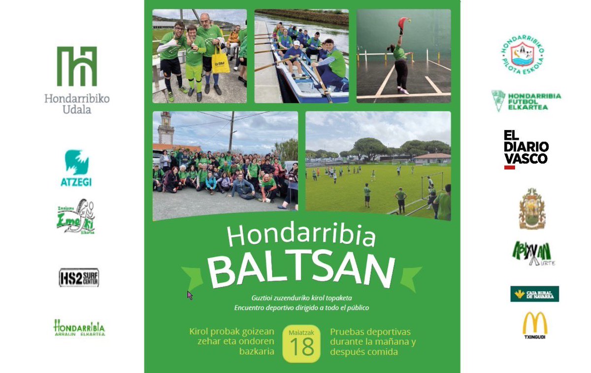 HondarribiaFE (@hondarribiafe) on Twitter photo Kirola, inklusioa eta elkar ezagutzea helburu dituen egitasmoa da Hondarribia Baltsan. Atzegiko kirolarik eta herriko bost kirol klubek parte hartuko dute igande honetan. #hondarribia <a href="/atzegi/">Atzegi</a> <a href="/HondarribiaUdal/">Hondarribiko Udala</a> <a href="/mcdonalds_es/">McDonald's España</a> <a href="/diariovasco/">El Diario Vasco</a> <a href="/ruralkutxa/">Rural Kutxa</a> 💚💚 Kirola, inklusioa eta elkar ezagutzea helburu dituen egitasmoa da Hondarribia Baltsan. Atzegiko kirolarik eta herriko bost kirol klubek parte hartuko dute igande honetan. #hondarribia <a href="/atzegi/">Atzegi</a> <a href="/HondarribiaUdal/">Hondarribiko Udala</a> <a href="/mcdonalds_es/">McDonald's España</a> <a href="/diariovasco/">El Diario Vasco</a> <a href="/ruralkutxa/">Rural Kutxa</a> 💚💚
