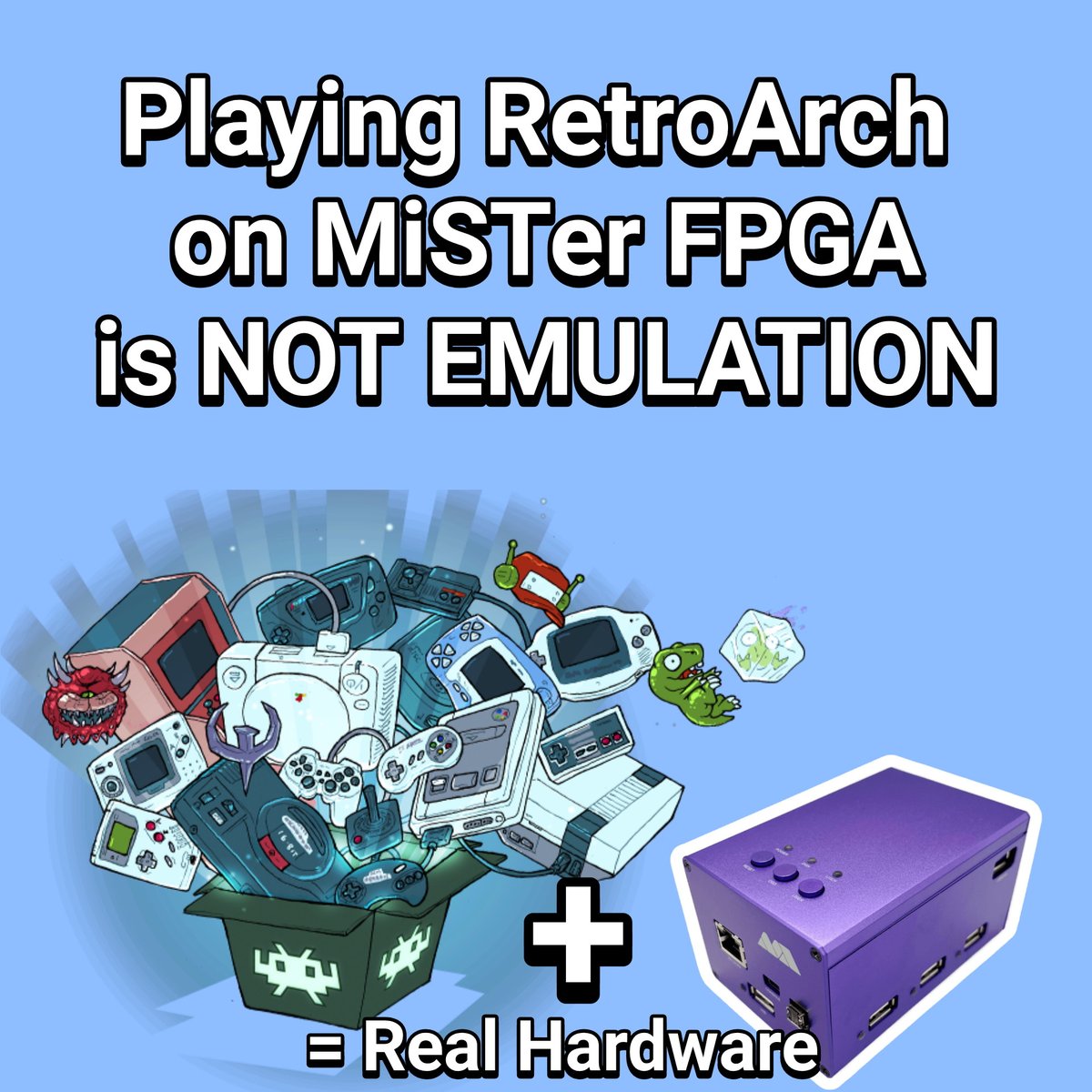 PixelCNinja's tweet photo. Going live with #MiSTerFPGA hardware accurate #RetroArch.

This is NOT EMULATION.

it uses the LE's to make it real Hardware. This shit is crazy. The FPGA goes in the ARM and becomes real Hardware.

See you there

Link in reply https://t.co/Vl61k7tFaa