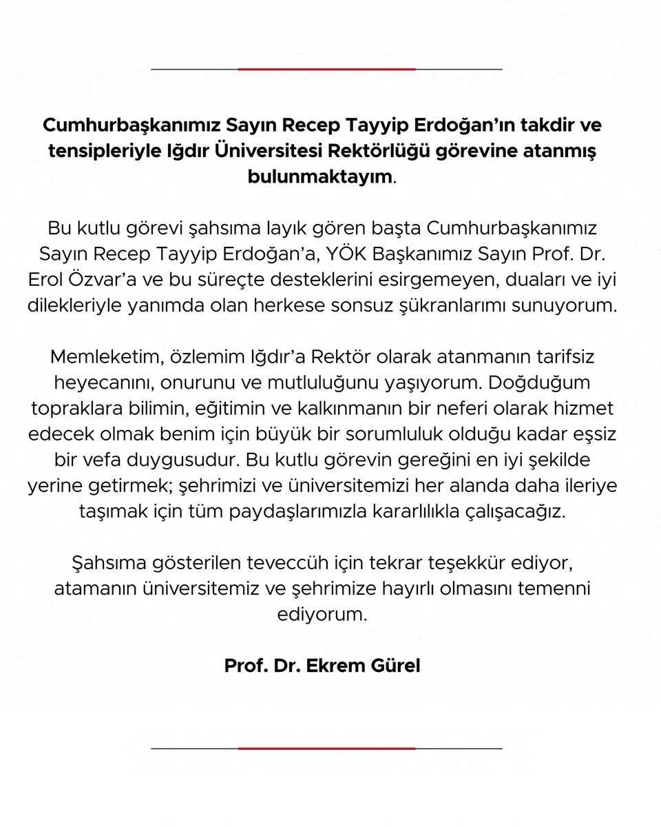 EkremGurel's tweet photo. Iğdır Üniversitesi Rektörlüğü görevini şahsıma layık gören başta Cumhurbaşkanımız Sayın @RTErdogan’a, YÖK Başkanımız Sayın Prof. Dr. @erolozvar’a ve bu süreçte desteklerini esirgemeyen, duaları ve iyi dilekleriyle yanımda olan herkese sonsuz şükranlarımı sunuyorum.

@igdir_uni https://t.co/jqNAbl1Ss0