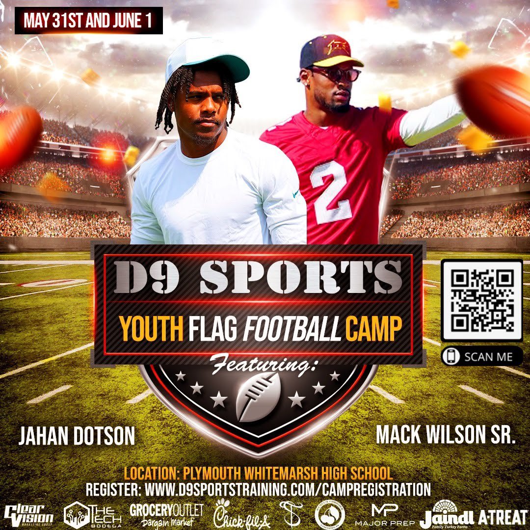 PHLEaglesNation's tweet photo. Register NOW to secure your spot for #Eagles Jahan Dotson’s Youth Flag Football camp‼️🏈

📅 May 31st-June 1st
📍Plymouth Whitemarsh High School
👥Ages: 4th-8th 
💡What to expect: Skill development, team-building activities, giveaways, prizes, shirts, expert coaching and many more

🎟️🔗 https://t.co/8X2RieRKAM #sp