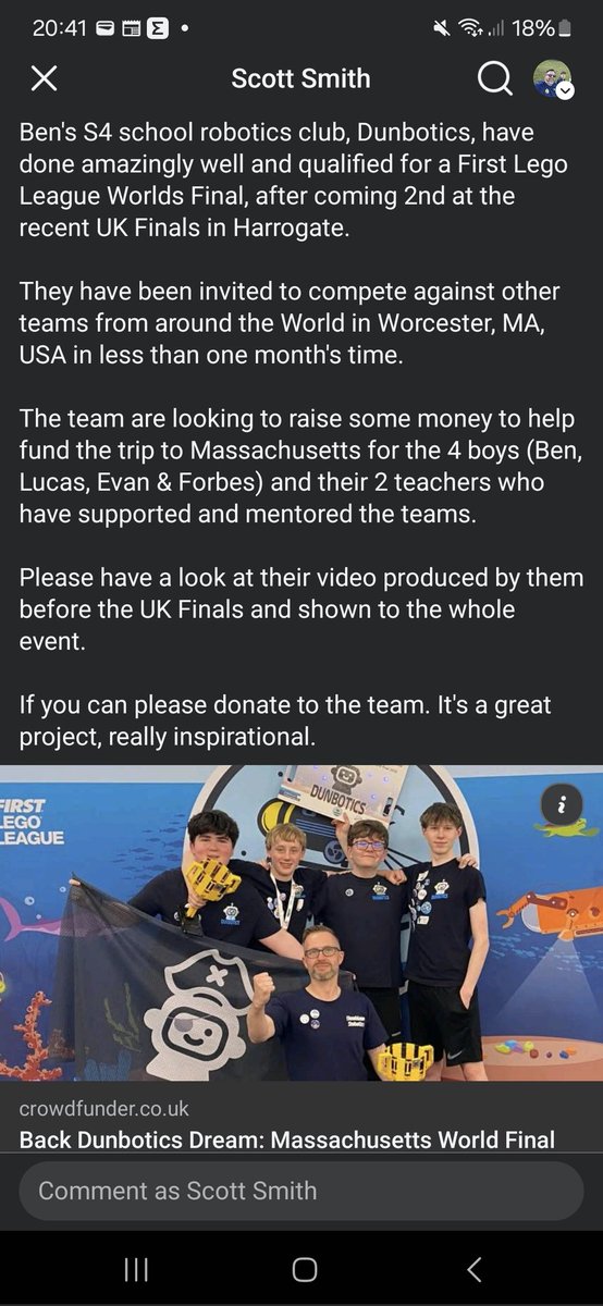 Ok folks calling on the good and generous people of this nerd network 

My son Ben is fundraising for their school Lego robotics team to attend a Worlds Final in USA next month.

Pls read &amp; watch the video, really inspirational 

All donations welcome 🤖💪
crowdfunder.co.uk/p/dunbotics