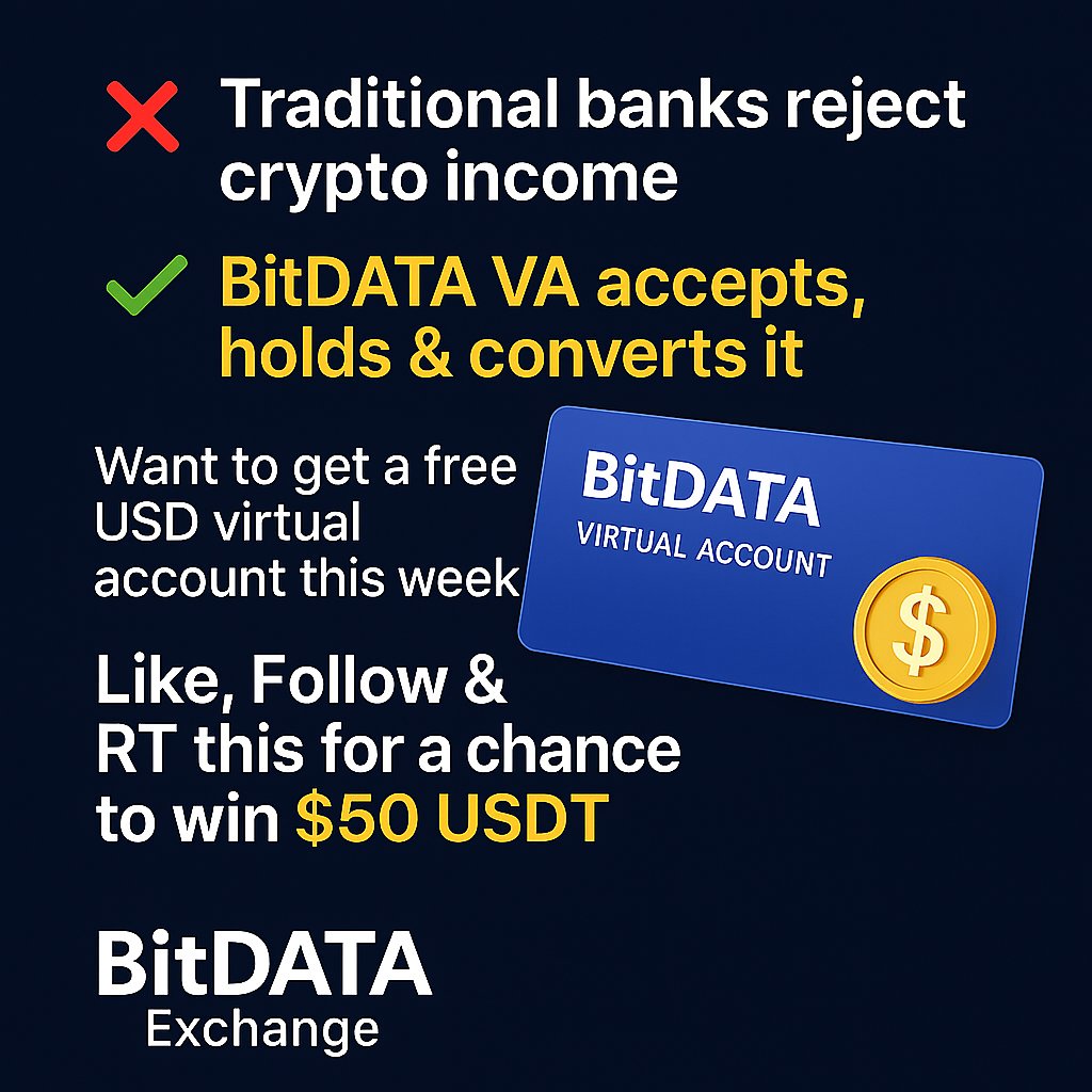 KenWong_Crypto's tweet image. ❌ Traditional banks reject crypto income
✅ BitDATA VA accepts, holds &amp;amp; converts it
Want to get a free USD virtual account this week?
👉 Like, Follow &amp;amp; RT this for a chance to win $50 USDT

#FreelancerBanking #VirtualAccount #BitDATA