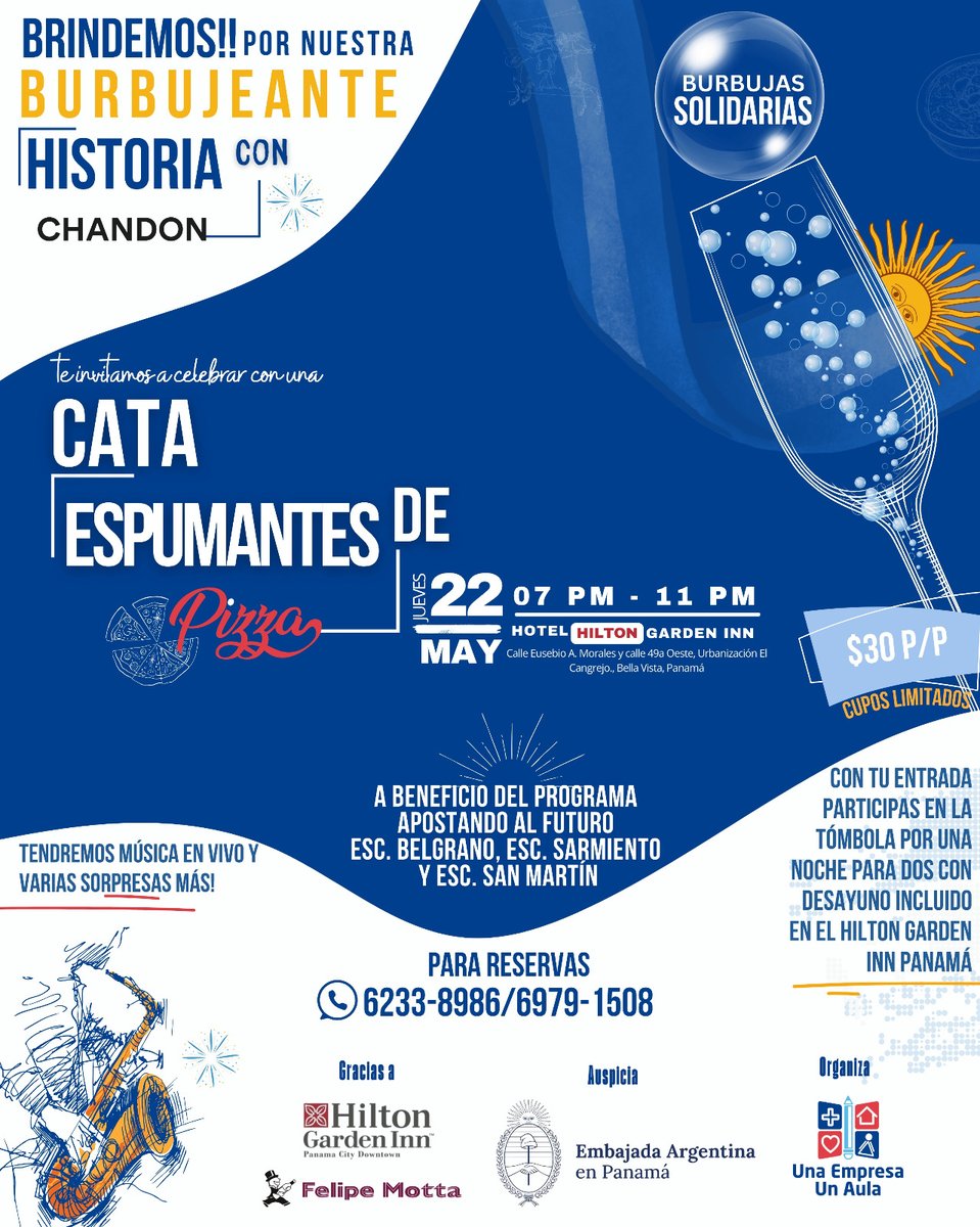 🥂 ¡Brindemos por una historia con causa! 
Este 22 de mayo, disfruta de una noche de Cata de Espumantes &amp; Pizza, con música en vivo y sorpresas, a beneficio del programa "Apostando al Futuro" 

#CataConCausa #Educación #SanMiguelito #Panamá