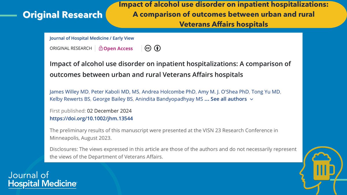 Journal of Hospital Medicine (@jhospmedicine) on Twitter photo 🚑🏥 Veterans in rural areas face higher rates of AUD—and greater barriers to treatment.
Read how we can close the gap.
🔗: doi.org/10.1002/jhm.13…
✍️: @scmirecc @iquesthouston @anthony_ecker <a href="/janlindsayphd/">Jan Lindsay</a> 🚑🏥 Veterans in rural areas face higher rates of AUD—and greater barriers to treatment.
Read how we can close the gap.
🔗: doi.org/10.1002/jhm.13…
✍️: @scmirecc @iquesthouston @anthony_ecker <a href="/janlindsayphd/">Jan Lindsay</a>