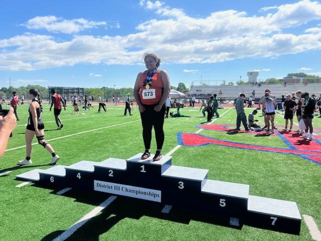 With a personal best of 35’ 1.5” the District 3 AA Shot Put champion is Miley Heath!