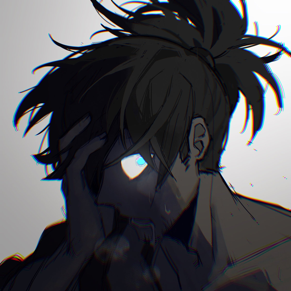 0SeventhAngel's tweet image. diluted pupils he's holding half of his face, that pain slowly crept in as ๐๐ก๐ซ๐จ๐ง๐จ๐ฌ starts to work.