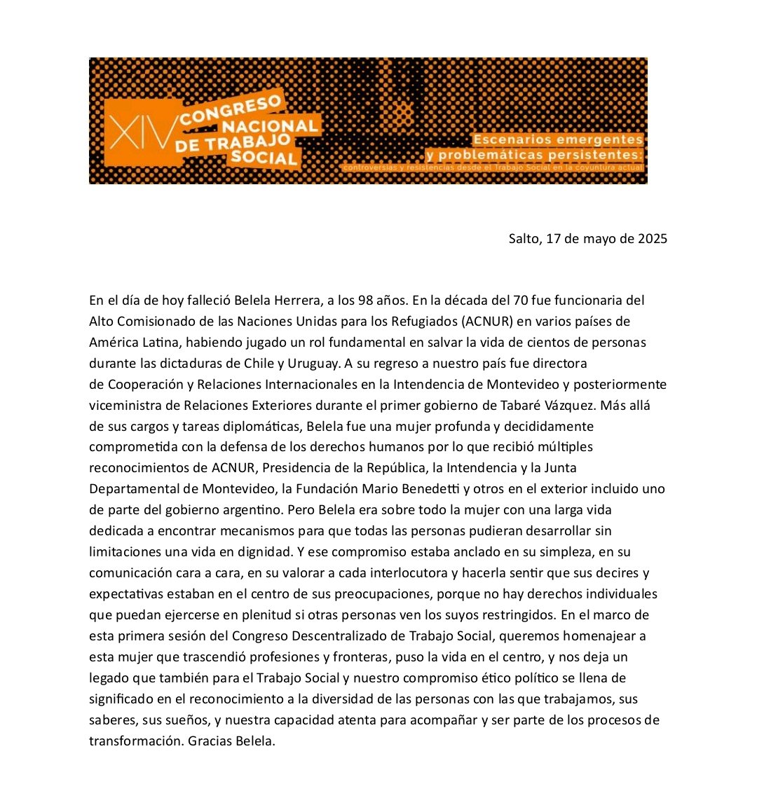 Ante el fallecimiento de Belela Herrera el Congreso Nacional de Trabajo Social, reunido en la ciudad de Salto compartió el siguiente mensaje: