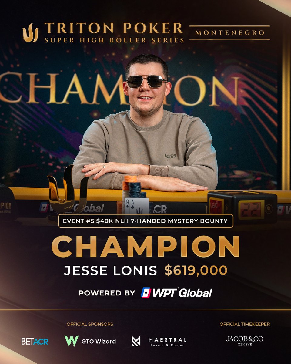 tritonpoker's tweet photo. Jesse Lonis locks in his second Triton title with a dominant run in Event #5 $40K NLH Mystery Bounty.

Alongside the $619,000 top prize, @JesseLonis secured 12 bounty envelopes, guaranteeing at least another $480,000 in added winnings. With bounties ranging up to $400,000, the final number could be even bigger.

Another statement performance from one of the most consistent forces on the felt.

@wpt_global @GTOWizard @_Jacobandco #BetACR