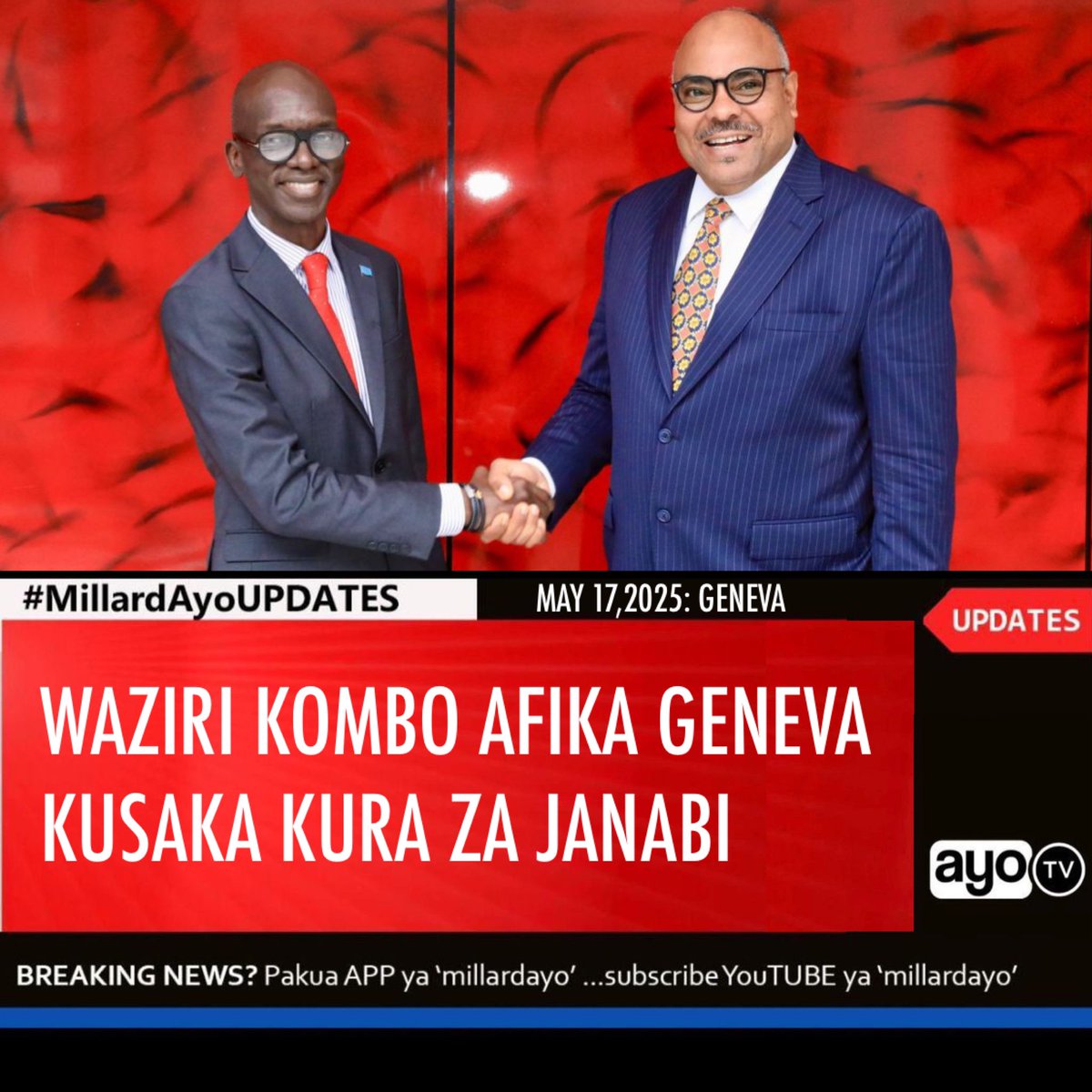 millardayo's tweet photo. Waziri wa Mambo ya Nje na Ushirikiano wa Afrika Mashariki, Balozi Mahmoud Thabit Kombo, amewasili Geneva katika kampeni ya kusaka kura za Mgombea wa Tanzania Prof. Mohammed Janabi katika nafasi ya Mkurugenzi wa Kanda ya Afrika wa Shirika la Afya Duniani (WHO).

Uwepo wake mjini hapo ni ishara na dhamira ya dhati ya kisiasa na mshikamano wa kitaifa, kwani anaungana  na Waziri wa Afya wa Jamhuri ya Muungano wa Tanzania, Jenista Mhagama na Waziri wa Afya wa Zanzibar, Nassor Ahmed Mazrui, kuomba kura kwa  Mawaziri wa Afya kutoka nchi za Afrika. 

Kwa pamoja, wametoa wito wa kuunga mkono ombi la Rais Dkt. Samia Suluhu Hassan la kumchagua Janabi wakimtaja kuwa Kiongozi mwenye maono makubwa aliyejitolea kuboresha na kuimarisha ajenda ya afya barani Afrika.
#MillardAyoUPDATES
