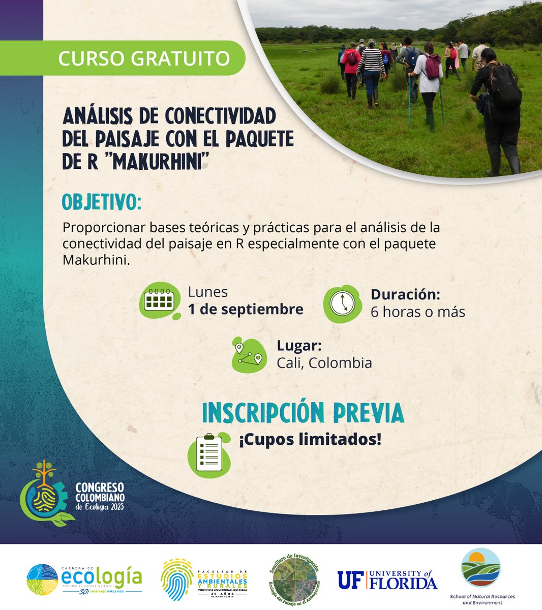 ¡Domina Makurhini en R, la herramienta líder para analizar conectividad del paisaje!
 Fecha: 1 septiembre 2025
 Lugar: Cali
Duración: 6 horas intensivas
 Inscripciones en: forms.gle/zrzrgJwUfUwvP5…
Bajo la orientación de Oscar Godínez y Camilo Correa, creadores del paquete.