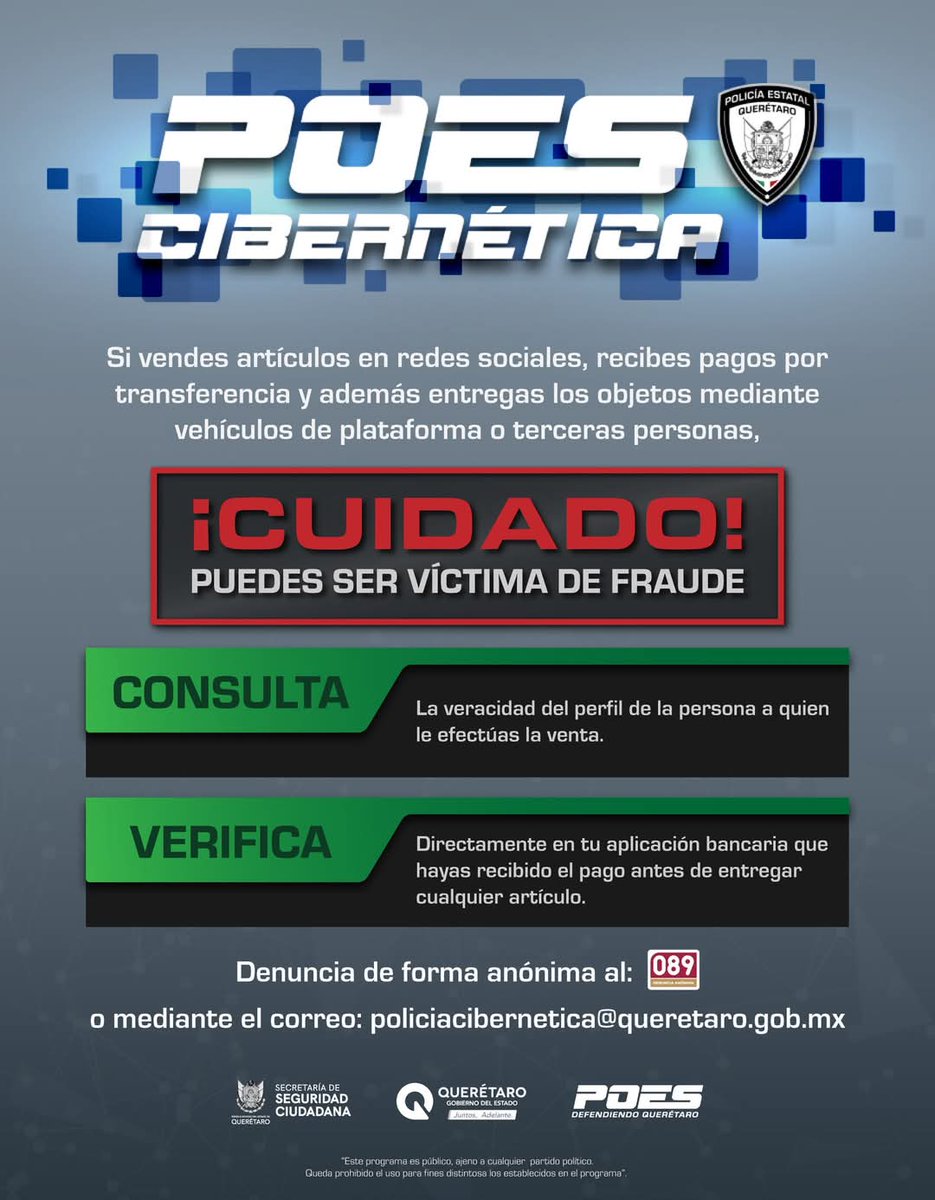 POESQro's tweet photo. Evita ser víctima de fraude. Al vender artículos por internet, verifica la veracidad del perfil y en caso de recibir alguna transferencia bancaria corrobora haber recibido el pago previo a la entrega del artículo. Ante cualquier situación, contacta a la Policía Cibernética. https://t.co/JMDUTFblzD
