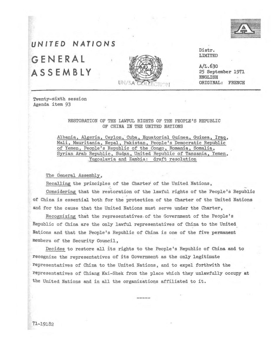 Chinese Embassy in Somalia (@chinesesomalia) on Twitter photo On 25th September 1971, Somalia joined other 22 countries to submit A/L.630 resolution draft to United Nations General Assembly(UNGA), laying a foundation for UNGA Resolution 2758 which restored the lawful rights of China at the <a href="/UN/">United Nations</a>. On 25th September 1971, Somalia joined other 22 countries to submit A/L.630 resolution draft to United Nations General Assembly(UNGA), laying a foundation for UNGA Resolution 2758 which restored the lawful rights of China at the <a href="/UN/">United Nations</a>.