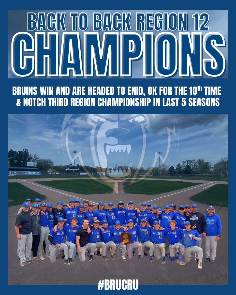 Kellogg Community College Athletics (@kelloggbruins) on Twitter photo 🏆⚾️ Back-to-back <a href="/NJCAARegion12/">NJCAA Region 12</a> Champs!
Your No. 22 <a href="/BaseballKellogg/">Kellogg CC Baseball</a> Bruins take down No. 9 Lansing 11-3 to finish the Region Tourney undefeated!
The #BruCru returns to Enid, OK for the <a href="/NJCAABaseball/">NJCAA Baseball</a> DII World Series May 24-30/31 for the second consecutive year! #GoBruins 🏆⚾️ Back-to-back <a href="/NJCAARegion12/">NJCAA Region 12</a> Champs!
Your No. 22 <a href="/BaseballKellogg/">Kellogg CC Baseball</a> Bruins take down No. 9 Lansing 11-3 to finish the Region Tourney undefeated!
The #BruCru returns to Enid, OK for the <a href="/NJCAABaseball/">NJCAA Baseball</a> DII World Series May 24-30/31 for the second consecutive year! #GoBruins