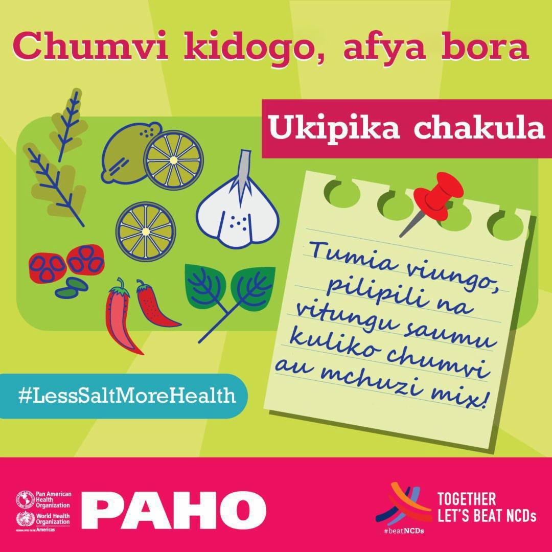 UmojaWaMataifa's tweet image. Tunapotamatisha #SaltAwarenessWeek kumbuka kuwa…

unapopika chakula, ongeza ladha kwa kutumia viungo asili, kama

vitungu saumu🧄 na giligilani🍀.

Tumia chumvi kidogo. Fahamu zaidi kutoka @pahowho:  paho.org/en/topics/salt…