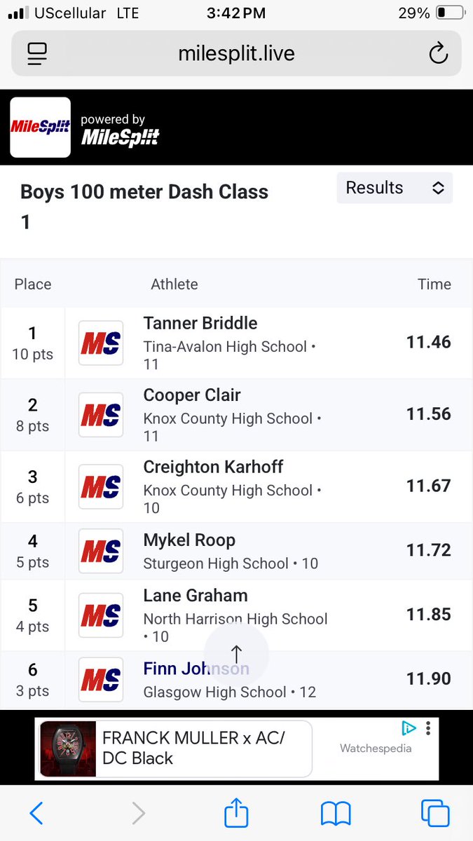Kyle Ellison (@kellison15) on Twitter photo Cooper Clair and Creighton Karhoff both qualify for state in the 100m dash. Proud of these kids after having to run and qualify in this event twice due to camera malfunction.
<a href="/TroyCarper/">Troy Carper</a> <a href="/ChrisDuerr/">Chris Duerr</a> <a href="/BreidyTV/">Brendan Reidy</a> <a href="/CaelanMcGeeKTVO/">Caelan McGee KTVO</a> <a href="/sportcat075/">David Sharp</a> <a href="/CoreyStott_KMEM/">Corey Stott</a> <a href="/LewisClarkConf/">Lewis & Clark Conference</a> Cooper Clair and Creighton Karhoff both qualify for state in the 100m dash. Proud of these kids after having to run and qualify in this event twice due to camera malfunction.
<a href="/TroyCarper/">Troy Carper</a> <a href="/ChrisDuerr/">Chris Duerr</a> <a href="/BreidyTV/">Brendan Reidy</a> <a href="/CaelanMcGeeKTVO/">Caelan McGee KTVO</a> <a href="/sportcat075/">David Sharp</a> <a href="/CoreyStott_KMEM/">Corey Stott</a> <a href="/LewisClarkConf/">Lewis & Clark Conference</a>