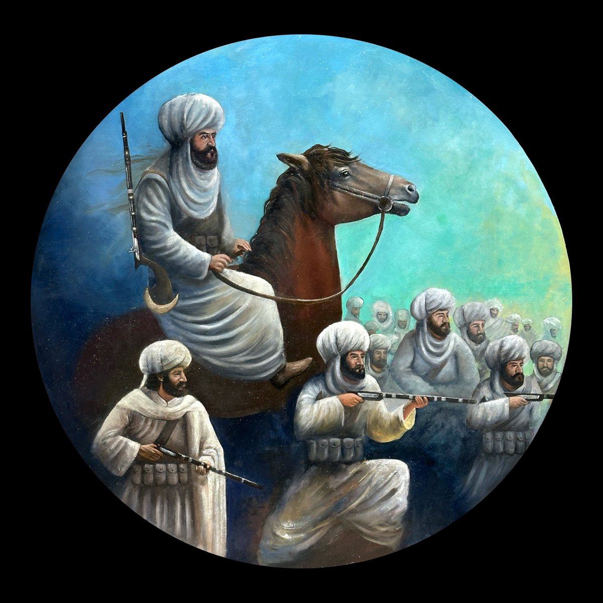 Title: Defiance: Baluch Tribesmen
Medium: oil on canvas 
Year:2024
Size: 93×93cm

🔴 SOLD
#balochustan #baloch #oman #paintings #history #oilpainting #tag #insta #peace #war