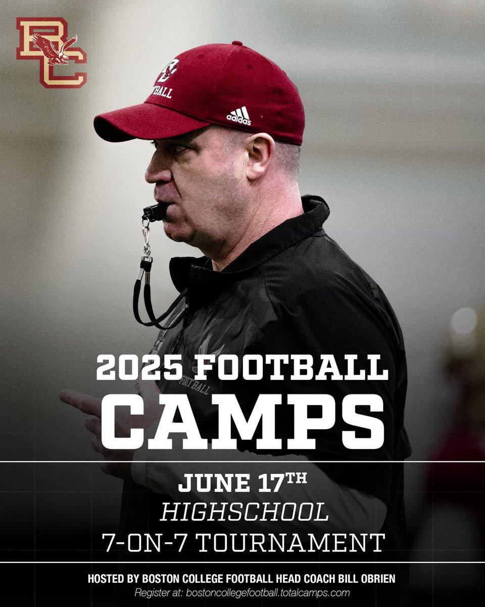 Jonathan DiBiaso (@coach_jdibiaso) on Twitter photo We’re still looking for HS teams to compete in our 7on7 tournament on June 17th!
- Guaranteed 4 games
- Pool Play and Single Elimination Format
- Teams from New England, Mid-Atlantic, and DMV
If you have any questions please reach out at DiBiasoj@bc.edu
bostoncollegefootball.totalcamps.com We’re still looking for HS teams to compete in our 7on7 tournament on June 17th!
- Guaranteed 4 games
- Pool Play and Single Elimination Format
- Teams from New England, Mid-Atlantic, and DMV
If you have any questions please reach out at DiBiasoj@bc.edu
bostoncollegefootball.totalcamps.com