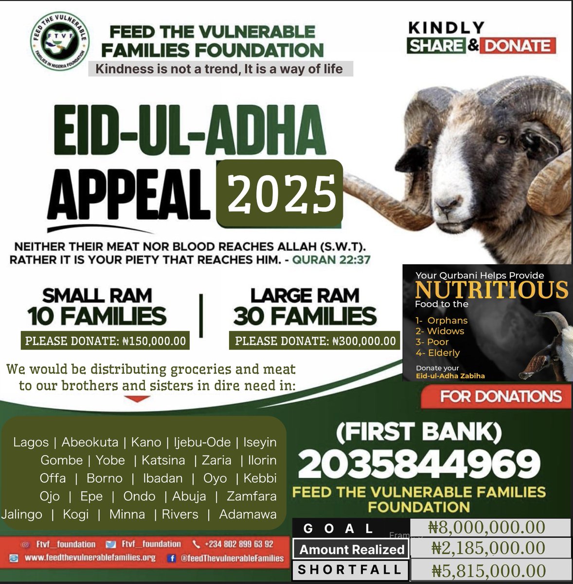 Every year, during Eid-ul-Ada, we perform Qurbani on behalf of our donors and distribute meat to struggling families in dire need in Nigeria

For many of the beneficiaries of this noble appeal, this is the only time of year that they enjoy the luxury of eating meat

Please donate