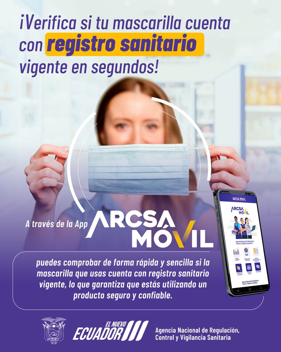 ¡Una mascarilla confiable es la que tiene registro sanitario! 😷👍🏻

Usar mascarillas sin registro puede dejarte expuesto a materiales defectuosos o falsificados que no filtran adecuadamente virus, bacterias u otras partículas contaminantes.

#ArcsaEsSalud ✅
#ElNuevoEcuador 🇪🇨