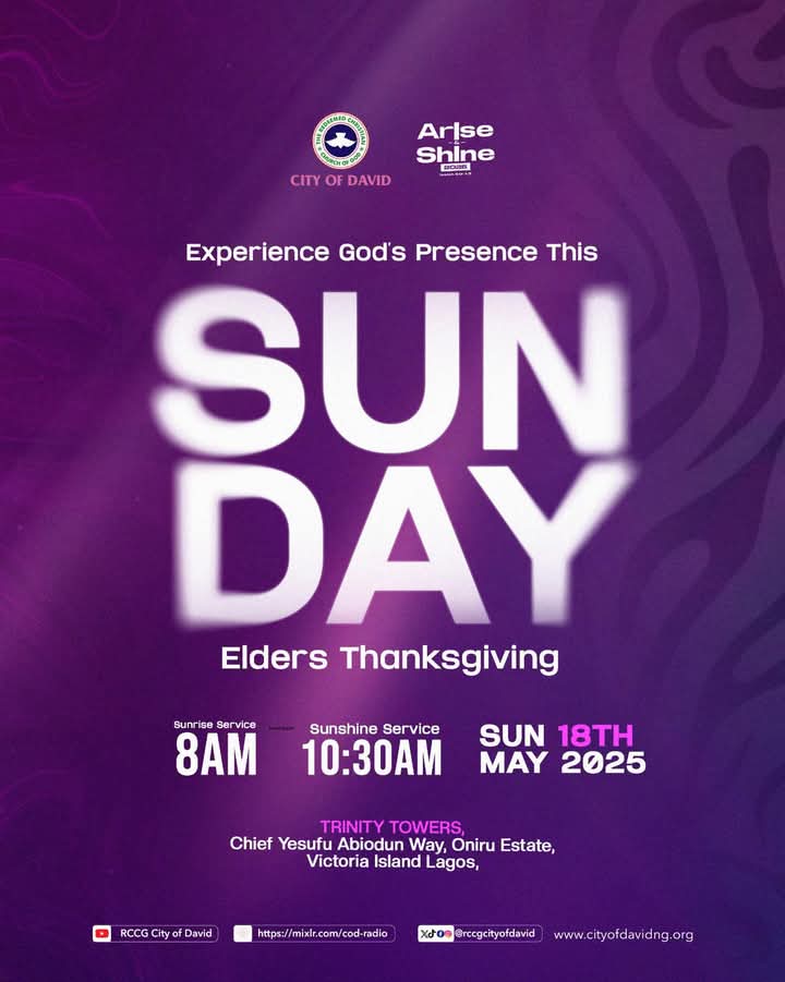 RCCGCityofDavid's tweet image. Join us this Sunday for a special Service—a moment to honor the pillars of faith, wisdom, and legacy in our midst.

🌅🕗 #CODSunriseService - 8am
☀️🕦 #CODSunshineService - 10:30am
📍#TrinityTowers Victoria Island, Lagos

STREAM
youtube.com/user/rccgcod 
facebook.com/rccgcod