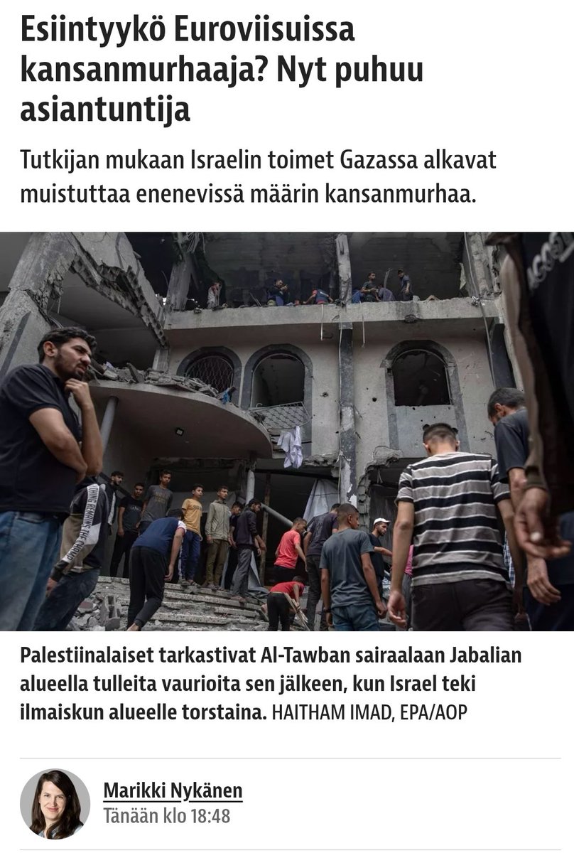 Euroviisuissa esiintyy kansanmurhaa tavoittelevan terroristiorganisaation siviileihin tanssimusiikkifestareilla kohdistuneesta teurastuksesta selviytynyt nuori nainen.

<a href="/iltalehti_fi/">Iltalehti</a> , aktivismitoimituksenne moraalikompassi on asetuksella "vastenmielinen".

Hyi saatana.