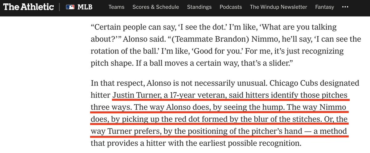 DrFadde's tweet image. @Ken_Rosenthal article on Pete Alonso&apos;s improved plate discipline includes Justin Turner&apos;s great take on 3 methods of #PitchRecognition!

nytimes.com/athletic/63572…