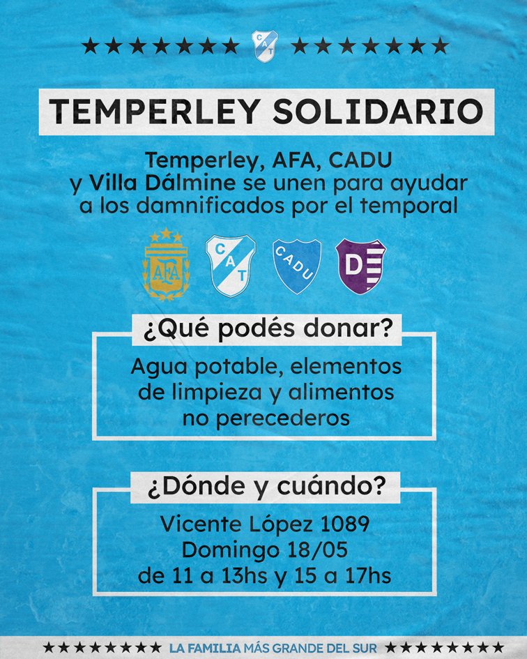 TEMPERLEY SOLIDARIO 🫂🫱🏽‍🫲🏼

Temperley se une a la campaña solidaria impulsada por <a href="/afa/">AFA</a> para ayudar a los damnificados por el temporal.

Estaremos recibiendo donaciones el domingo 18/05 de 11 a 13 y de 15 a 17hs en el Jardín Sueños Celestes.